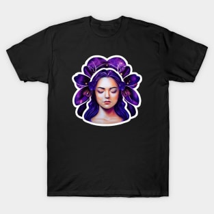Woman with Purple Cosmic Flower Hair T-Shirt